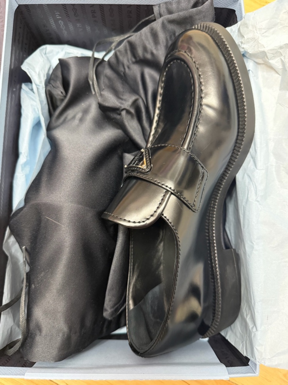 Prada Black Leather Logo Penny Loafers - Picture 3 of 5